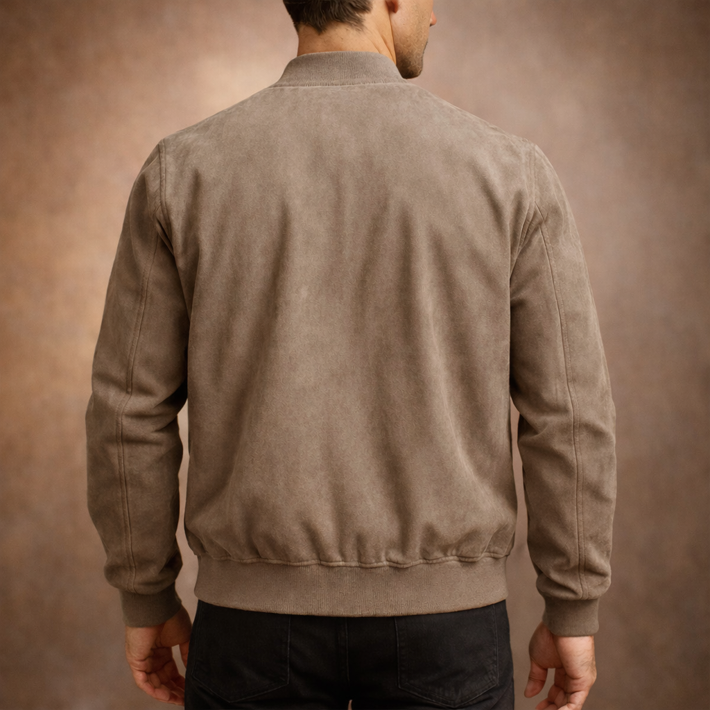 Versatile men's fashion: a lightweight suede bomber jacket for modern everyday style.