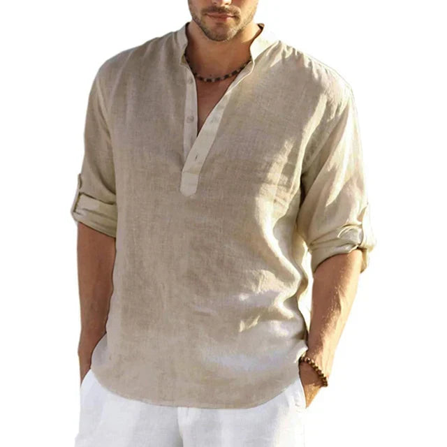 Men's summer casual long sleeve button-up shirt in solid color. Lightweight & breathable for warm weather style.