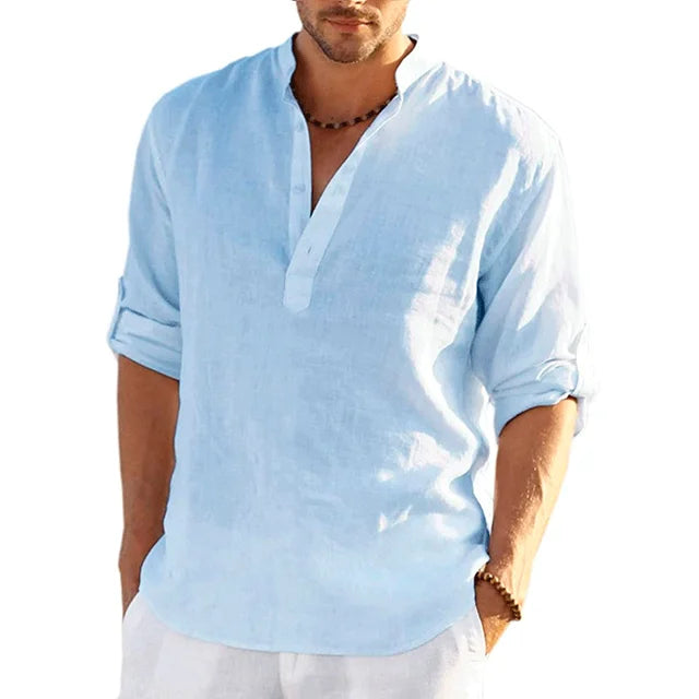 Men's button-up long sleeve summer shirt. Solid color, breathable, lightweight fabric for warm weather, relaxed fit.
