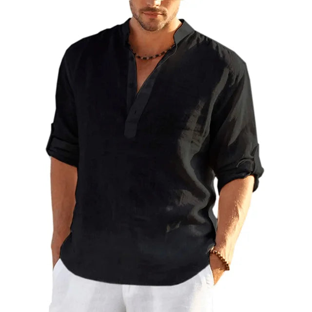 Sophisticated men's casual button-up shirt. Long sleeve, solid color, lightweight & breathable for summer fashion.