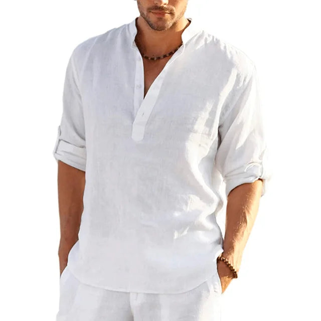 Men's long sleeve summer casual shirt. Solid color, lightweight, breathable, relaxed fit button-up style.