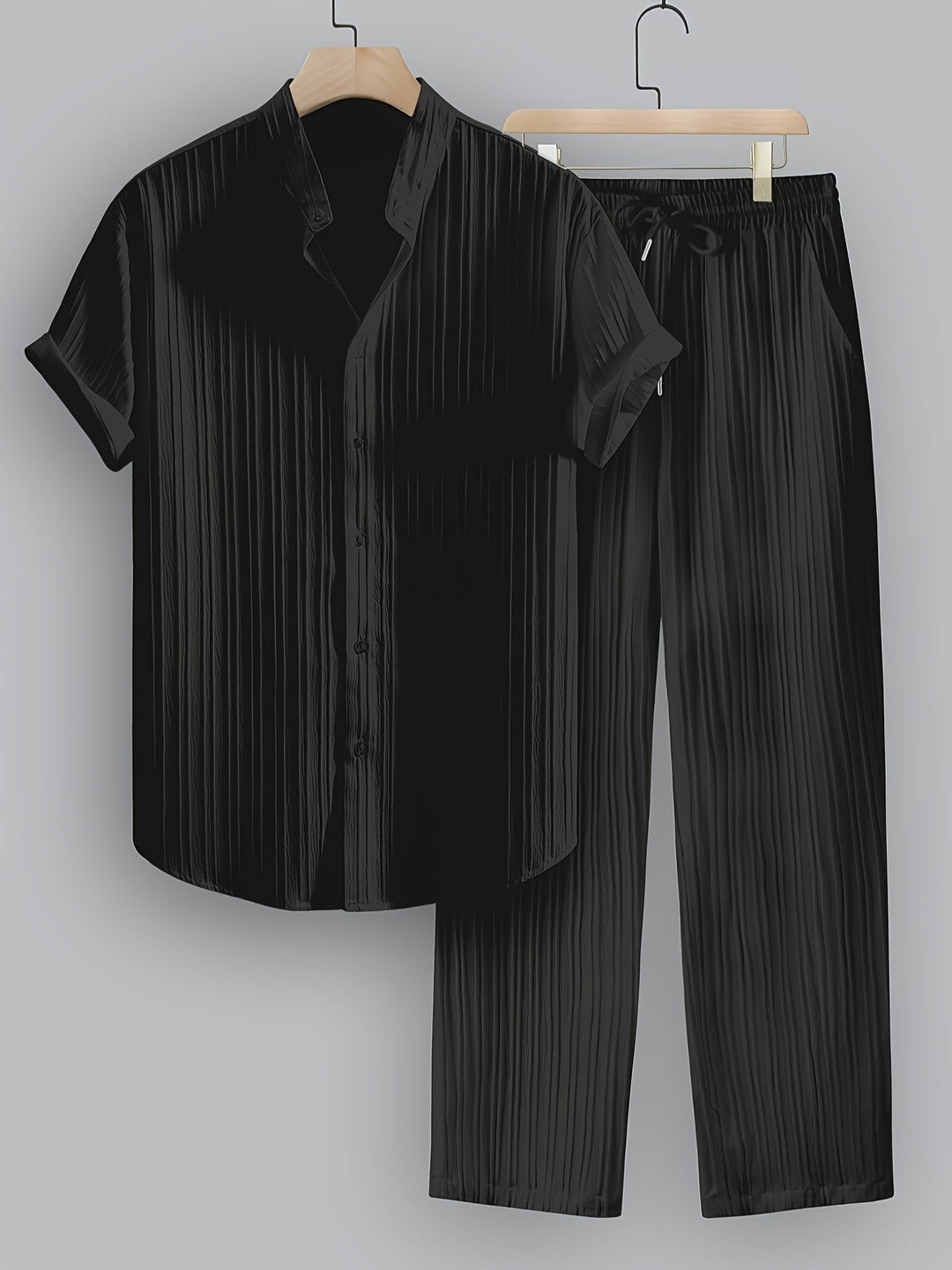 Men's summer casual outfit. Features a stylish shirt & matching drawstring pants. Ideal for resort & beach.