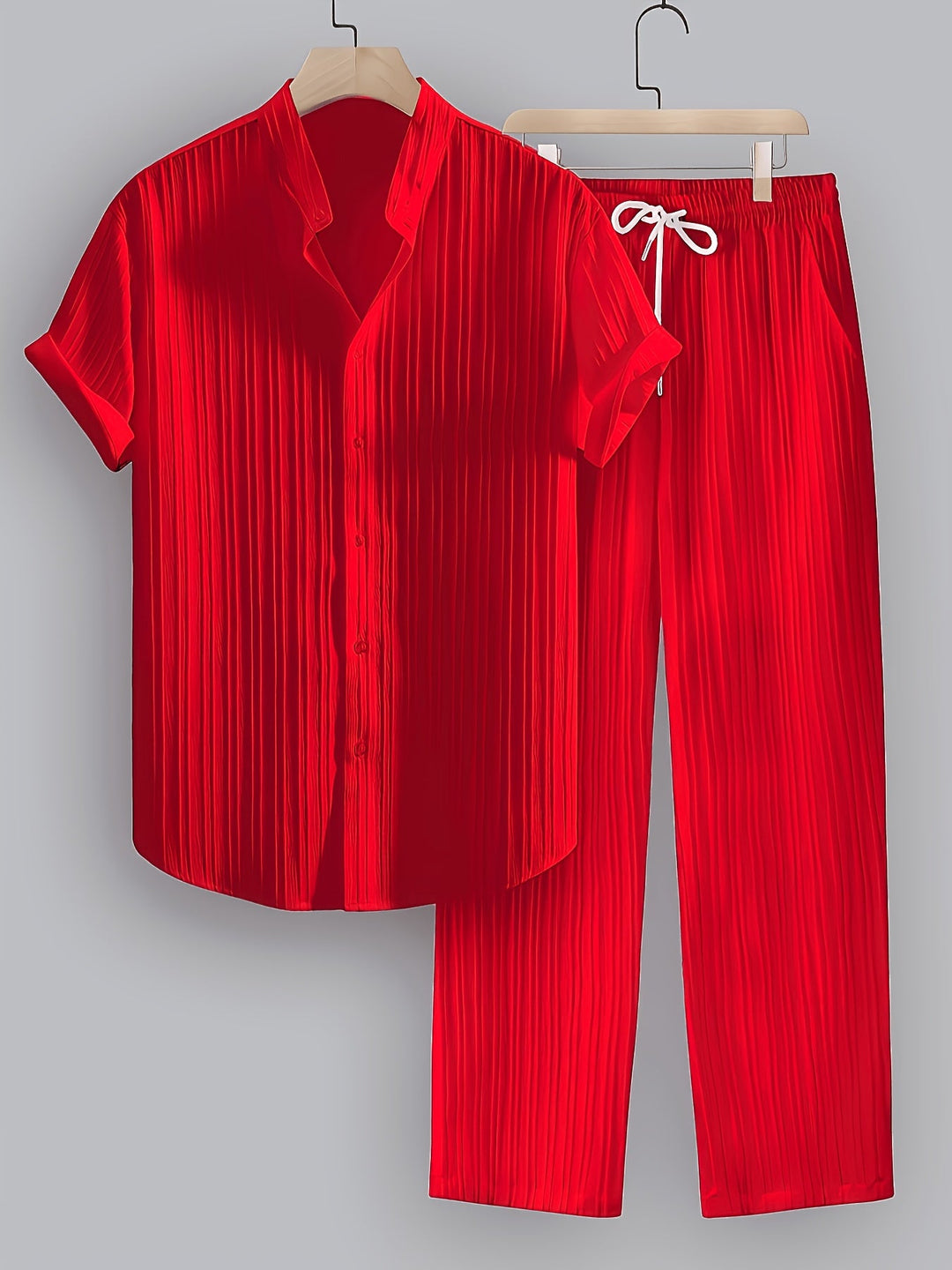 Men's resort wear co-ord set: casual summer shirt & drawstring pants. A fashionable two-piece holiday outfit.