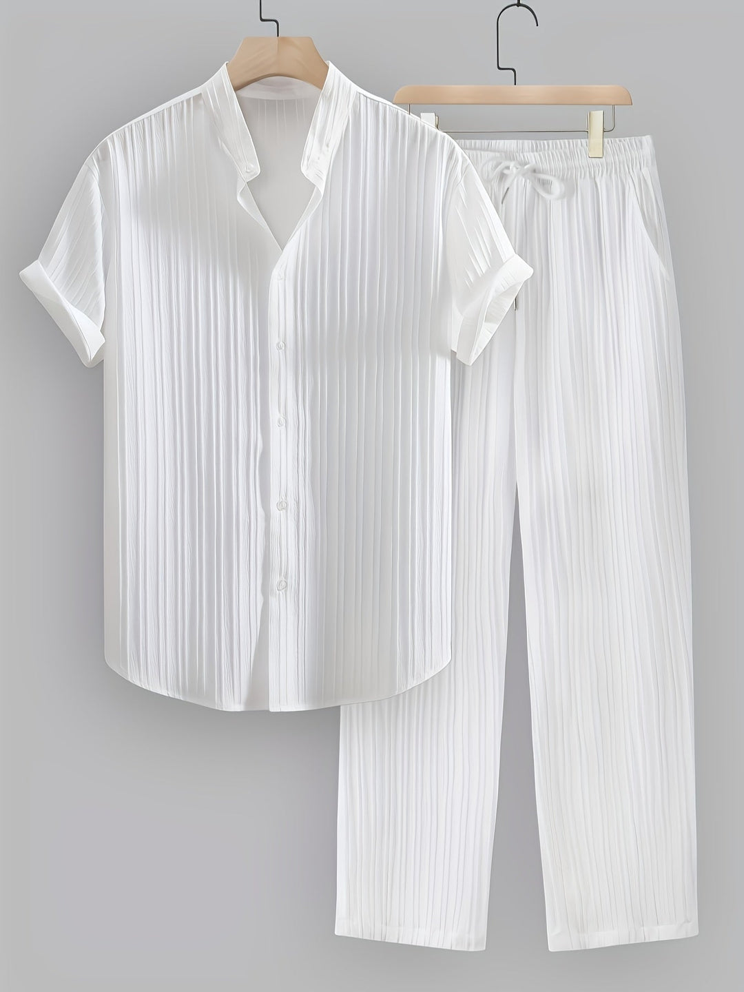 Stylish men's summer co-ord set featuring a casual shirt & matching drawstring pants for resort wear.