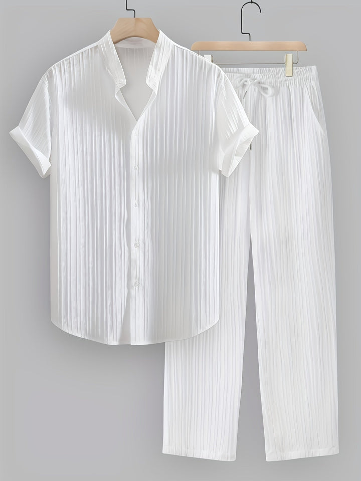 Stylish men's summer co-ord set featuring a casual shirt & matching drawstring pants for resort wear.