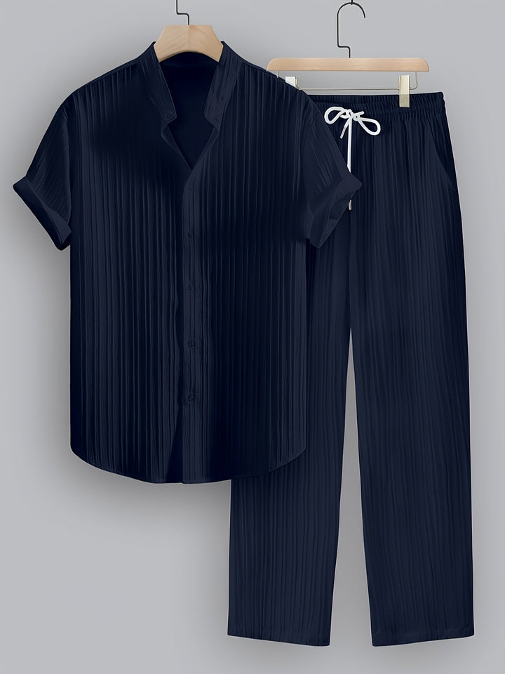 Fashionable men's summer set with a relaxed casual shirt & versatile drawstring pants. Great for holidays.