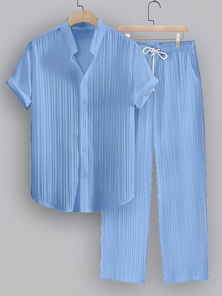 Men's beachwear two-piece set: a cool summer shirt & breathable drawstring pants. Perfect for resort trips.
