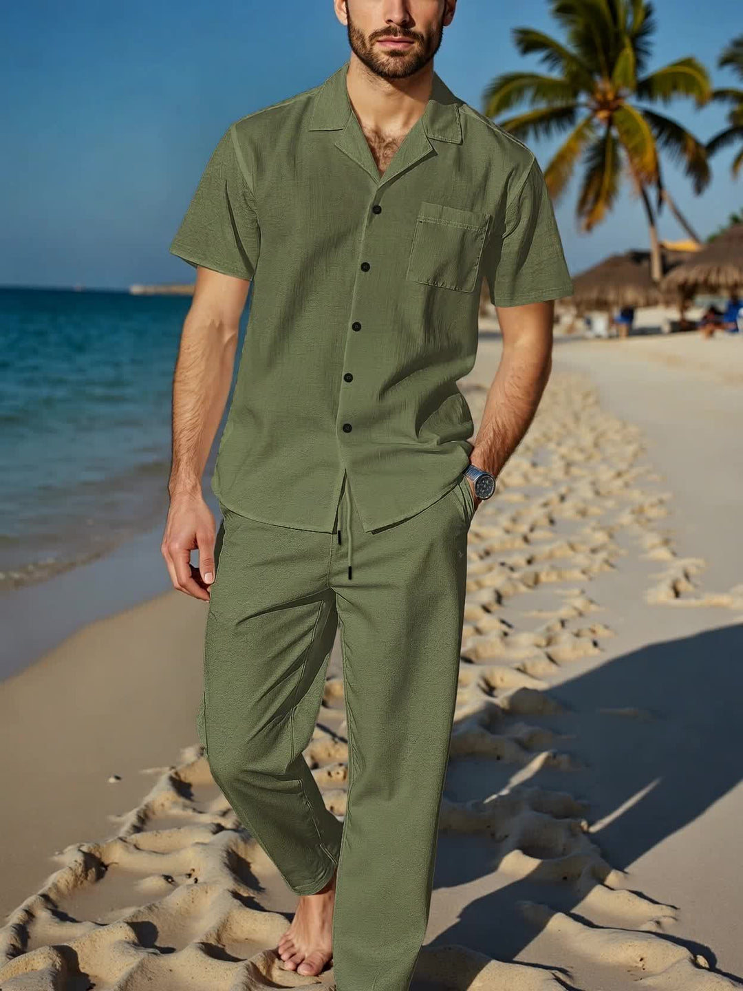 Couple wearing matching BreezeWear linen sets, promoting summer leisurewear.