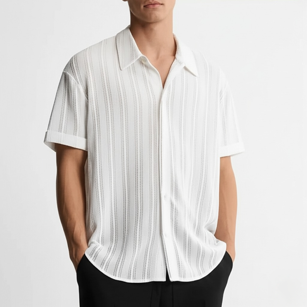 Men's summer polo shirt with elegant blue & white vertical stripes, perfect for casual smart wear.