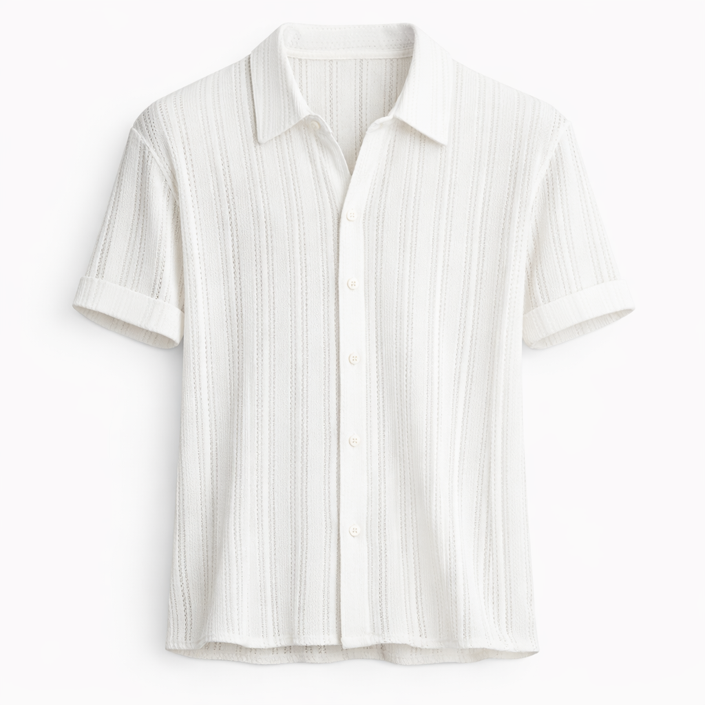 Stylish men's short-sleeve polo featuring classic vertical stripes, ideal for summer fashion & comfort.