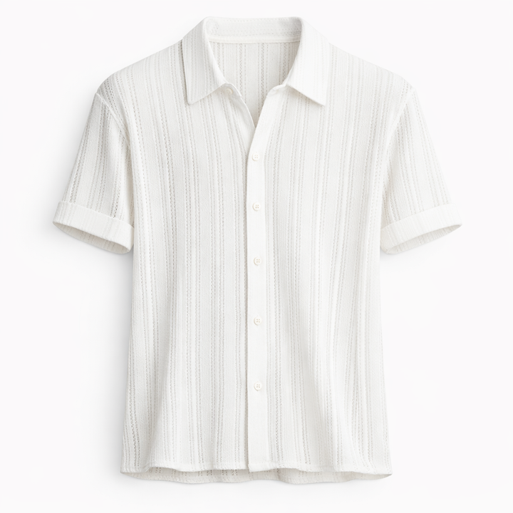 Stylish men's short-sleeve polo featuring classic vertical stripes, ideal for summer fashion & comfort.