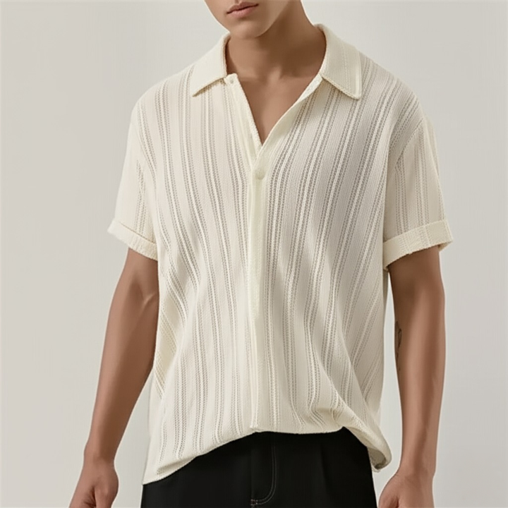 Elegant men's polo with sophisticated vertical stripe pattern, a versatile casual top for warm weather.