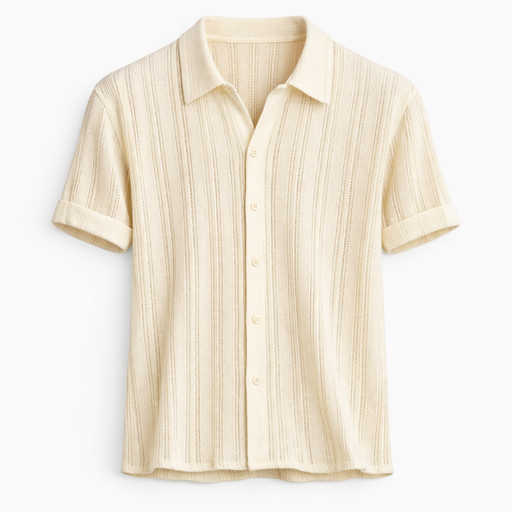 Comfortable men's summer polo shirt. Light fabric, subtle vertical stripes. Great for casual or dressier looks.
