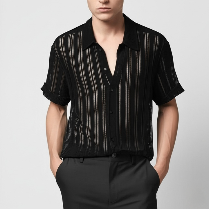 Detailed view of a men's polo shirt, highlighting the elegant vertical stripe pattern and quality fabric texture.