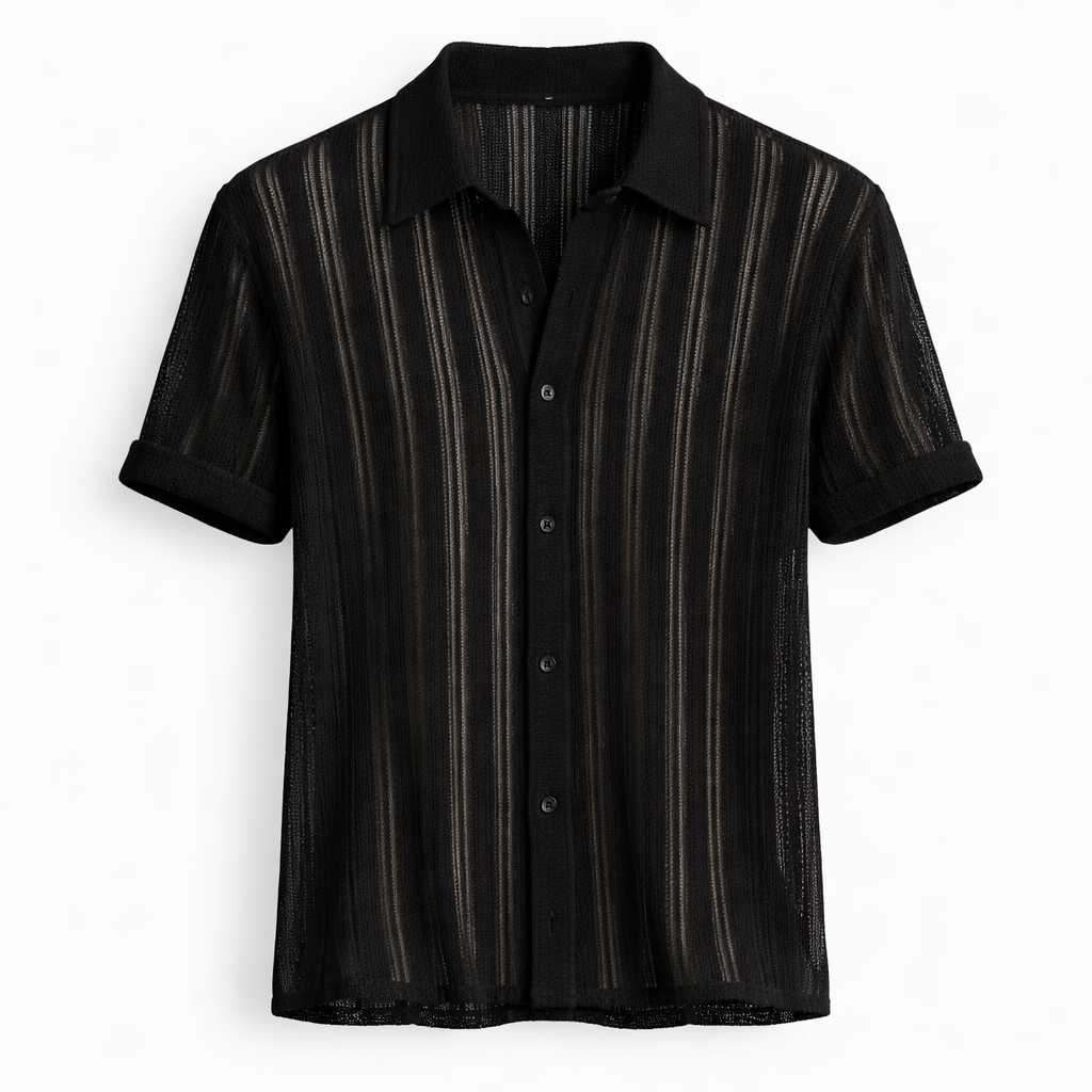 Model wearing a men's elegant vertical stripe polo shirt, showcasing its modern fit and summer style.