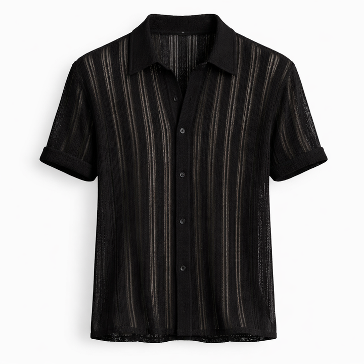 Model wearing a men's elegant vertical stripe polo shirt, showcasing its modern fit and summer style.