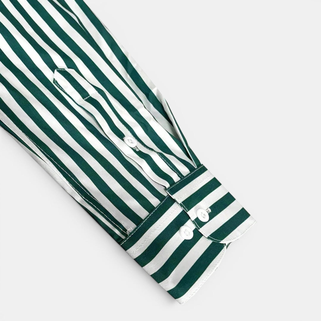 Fashionable men's striped summer shirt, button down, casual long sleeve top for daily wear.