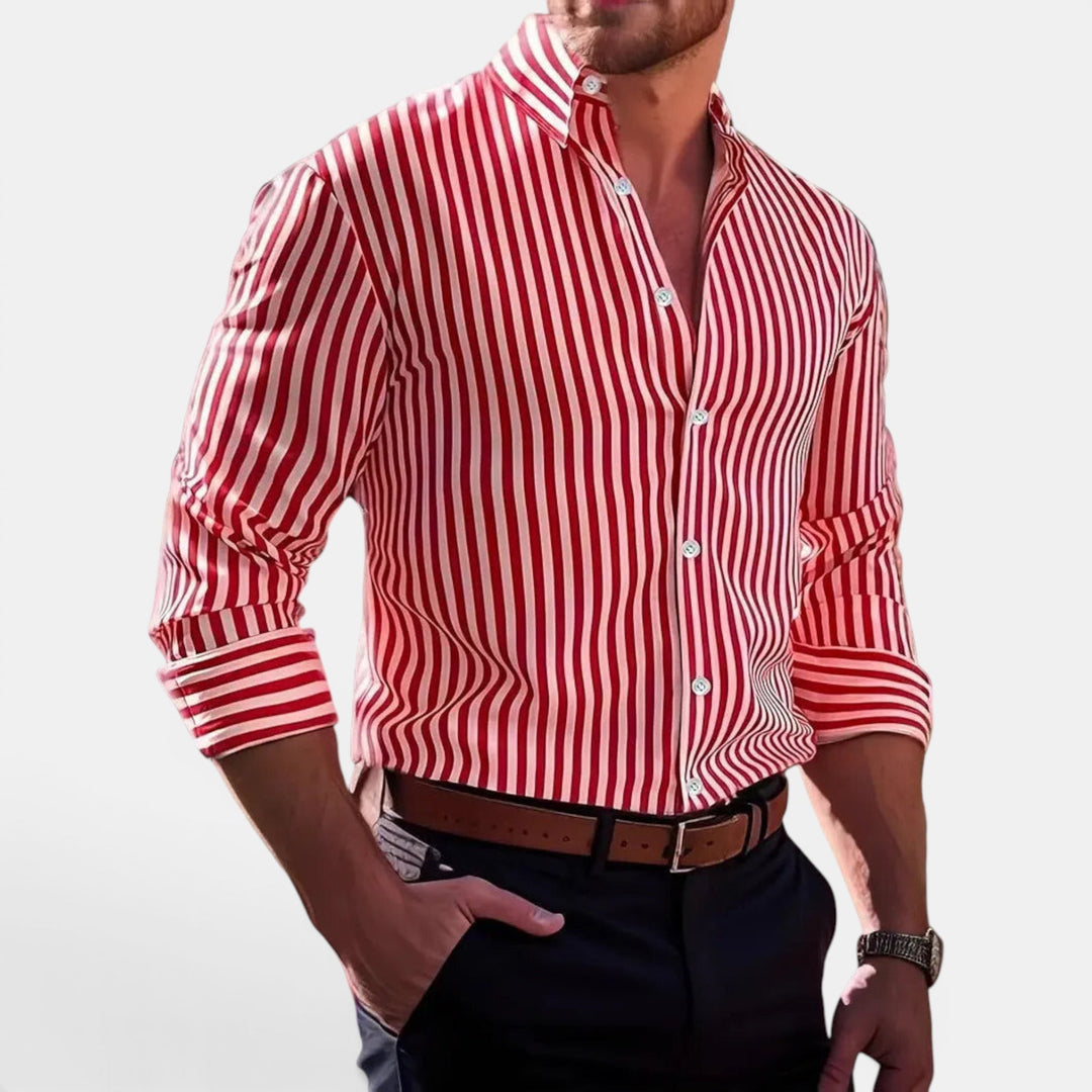 Long sleeve men's striped shirt, versatile button down top for comfortable summer fashion.