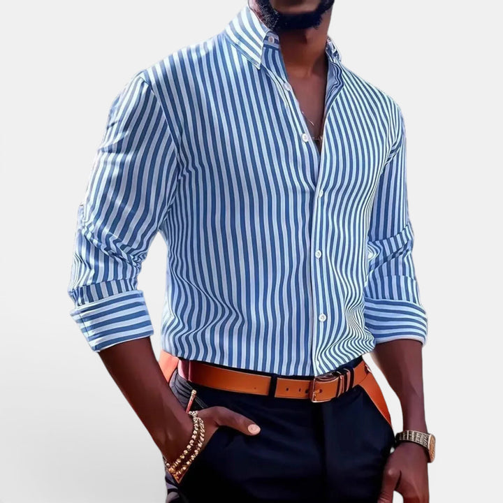 Men's fashion striped button down shirt, long sleeve, comfortable summer top for daily wear.