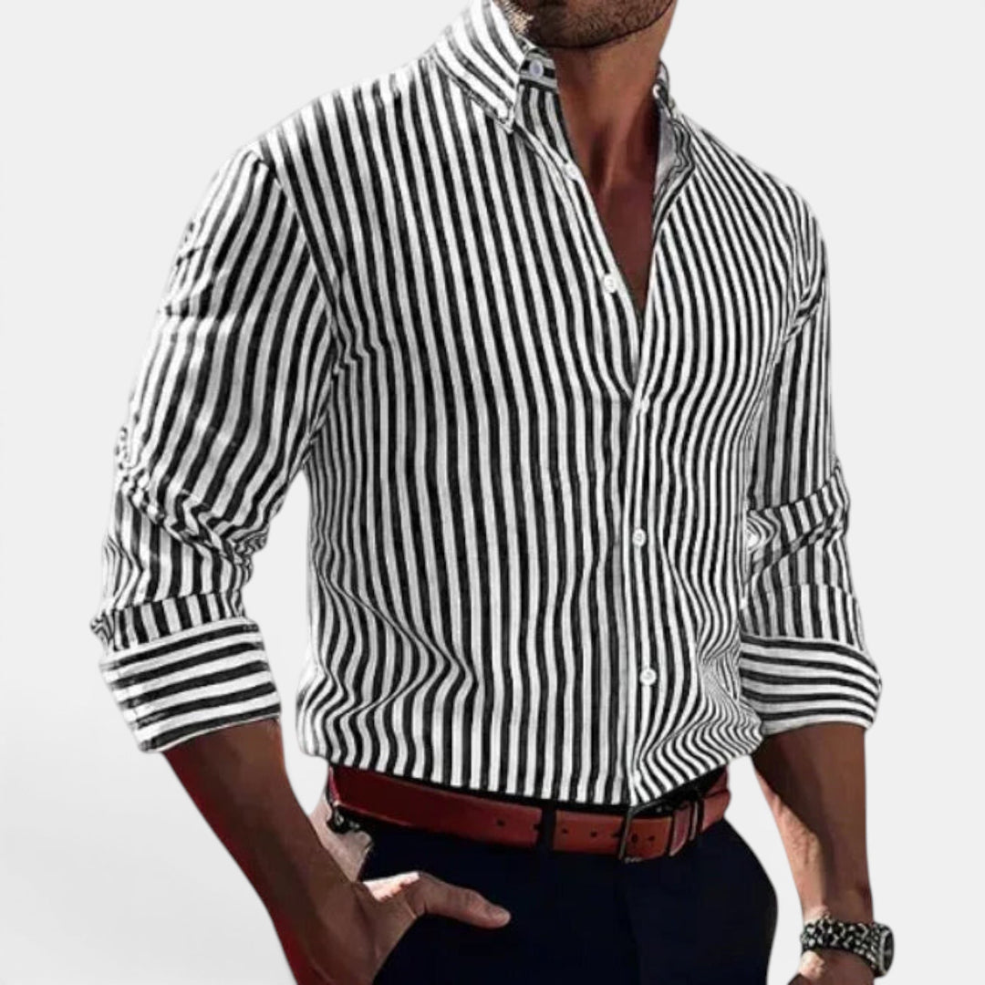 Comfortable long sleeve men's striped shirt, button down, perfect for summer casual fashion.
