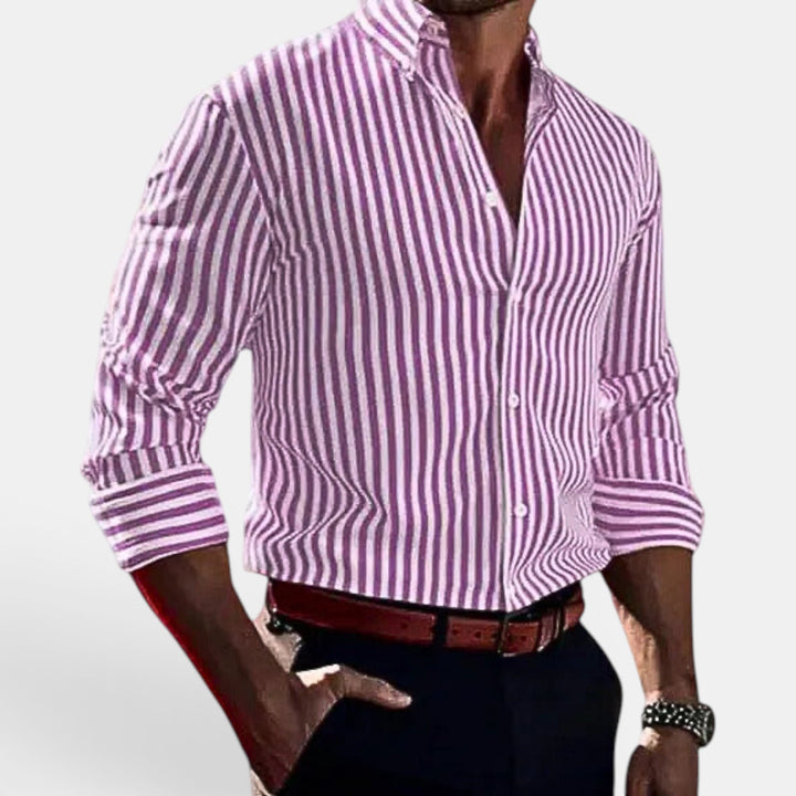 Stylish men's striped button down, regular fit, ideal long sleeve summer shirt for everyday wear.