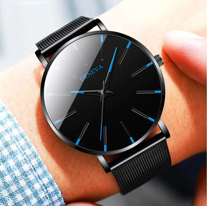 Men's sustainable minimalist watch, eco-friendly with a black band. Timeless elegant analog quartz timepiece.