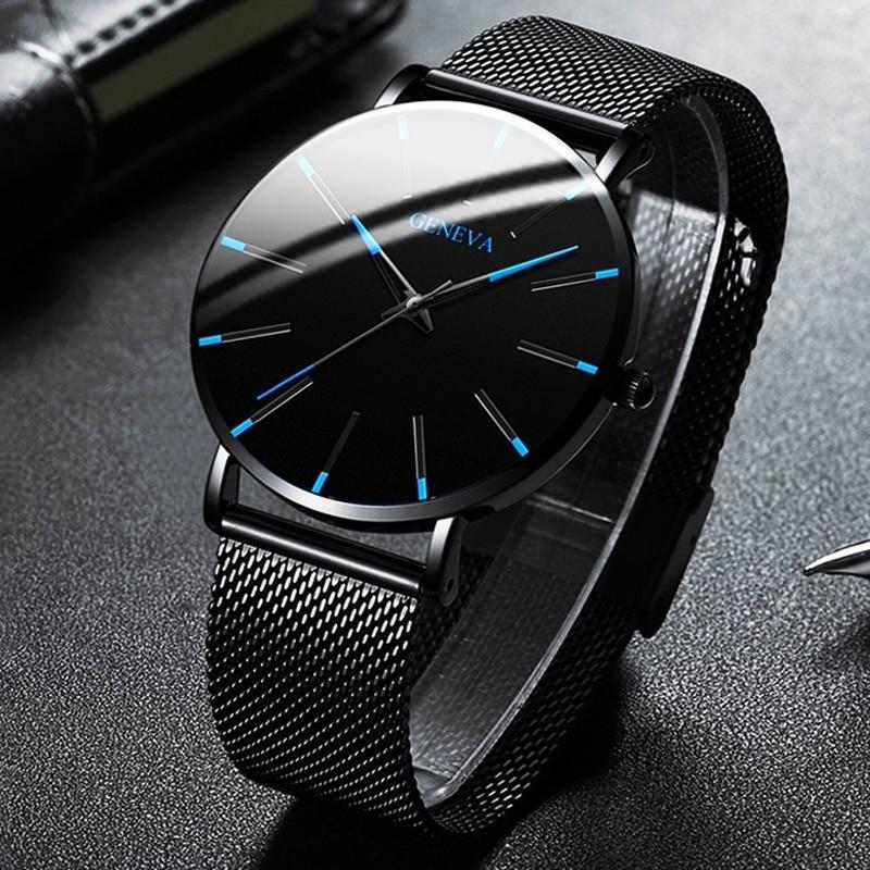 Men's eco-friendly minimalist watch on a wrist. Timeless black band, elegant analog display, sustainable.