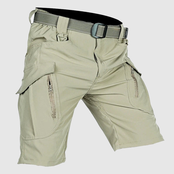 Rugged men's cargo shorts, relaxed fit, durable for outdoor activities, featuring tactical pockets.