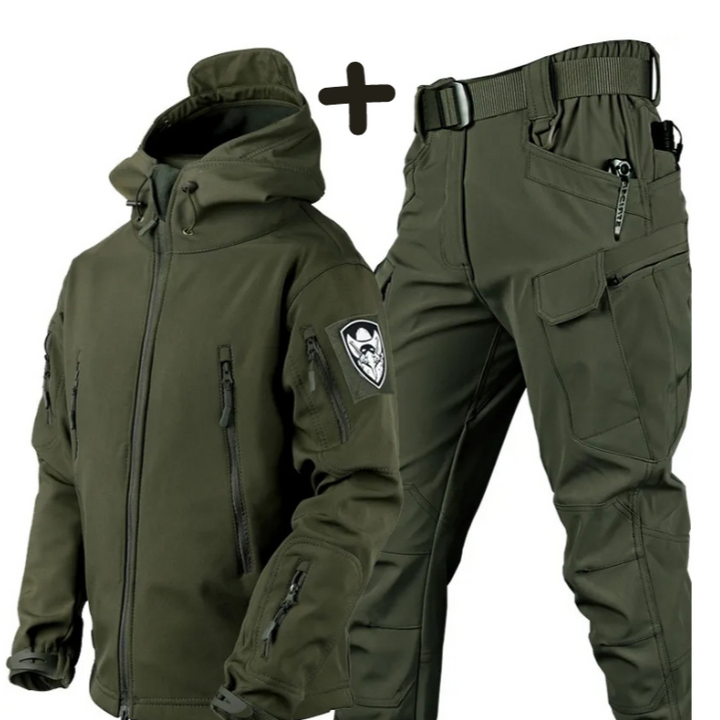 Men's tactical hooded jacket & cargo pants set. Durable outdoor gear for hiking, camping, and workwear.