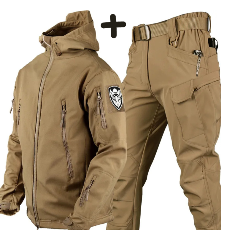 Close-up of men's tactical hooded jacket. Features utility pockets & reinforced elbows, ideal for outdoor adventures.