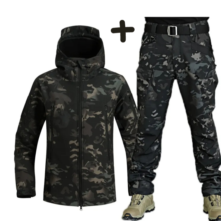 Back view of men's tactical hooded jacket and cargo pants set. Functional outdoor gear for active adventure.