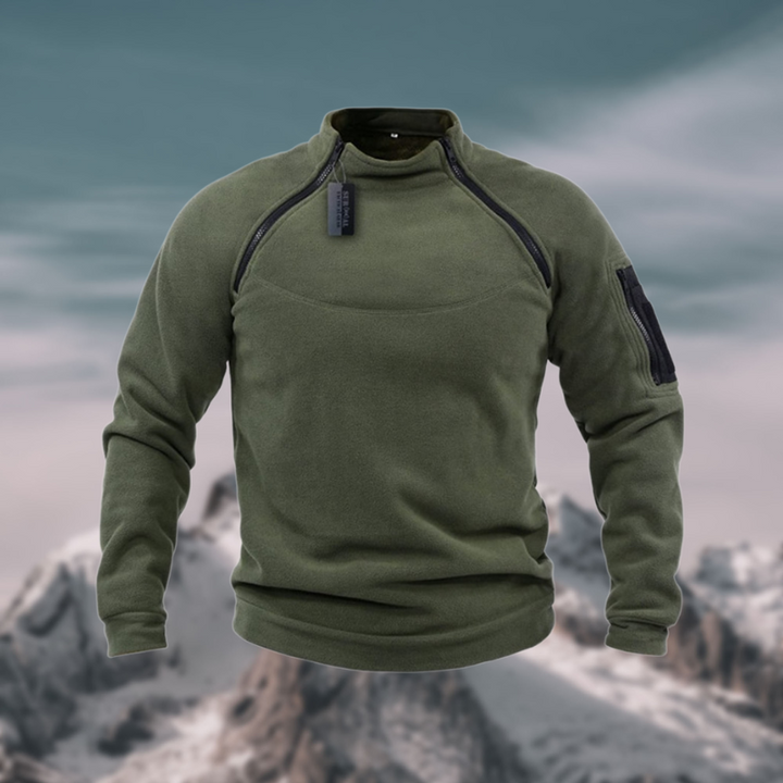 Modern men's tactical quarter zip sweater, stylish mock neck, long sleeve, great for winter fashion & layering.