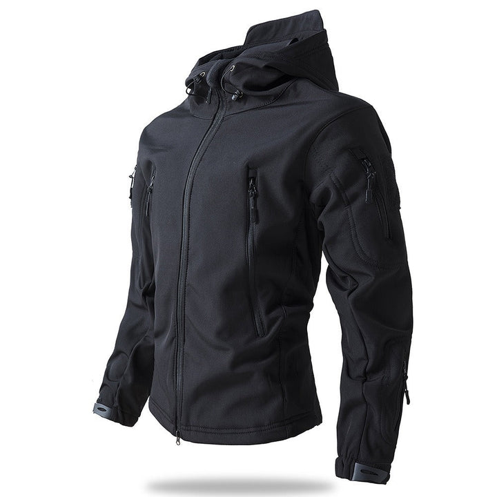 Men's tactical waterproof winter jacket with outdoor hood, ideal for cold weather trekking & adventure.