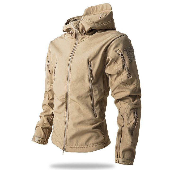 Men's hooded waterproof tactical jacket for winter. Heavy-duty outdoor outerwear, perfect for cold weather gear.