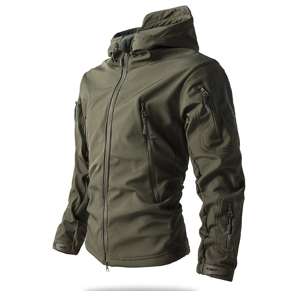 Warm men's tactical winter jacket, waterproof & hooded, designed for robust outdoor use and cold weather protection.