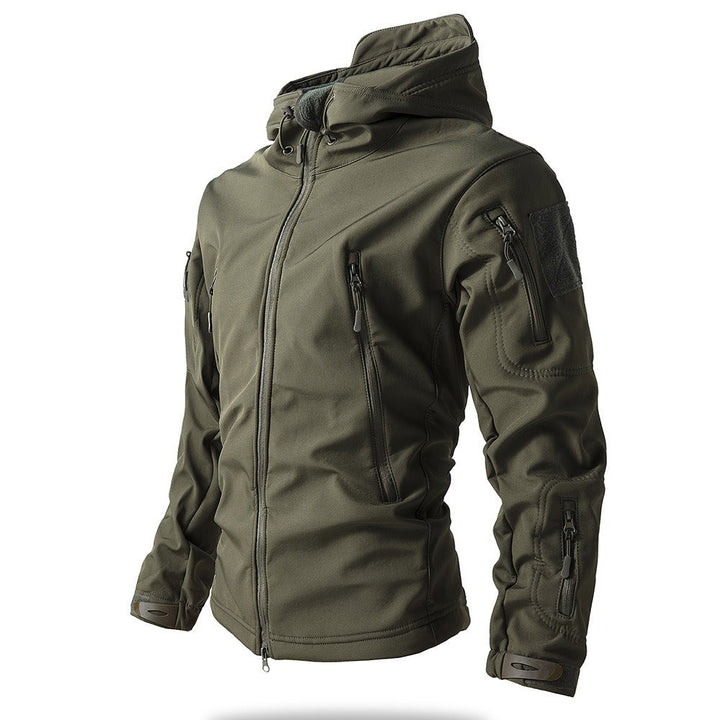 Warm men's tactical winter jacket, waterproof & hooded, designed for robust outdoor use and cold weather protection.