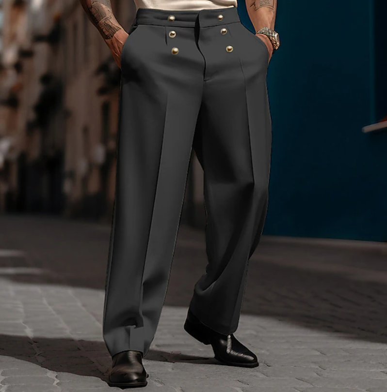 Men's tailored black high-waist wide-leg trousers, perfect for modern formal or casual fashion.