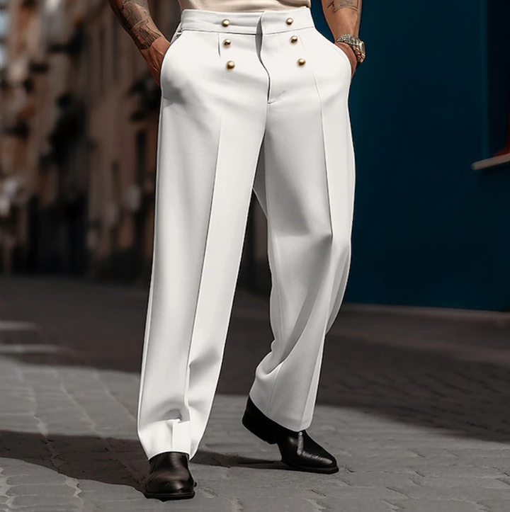 Stylish men's beige high-waist wide-leg tailored trousers, offering a comfortable modern fashion look.