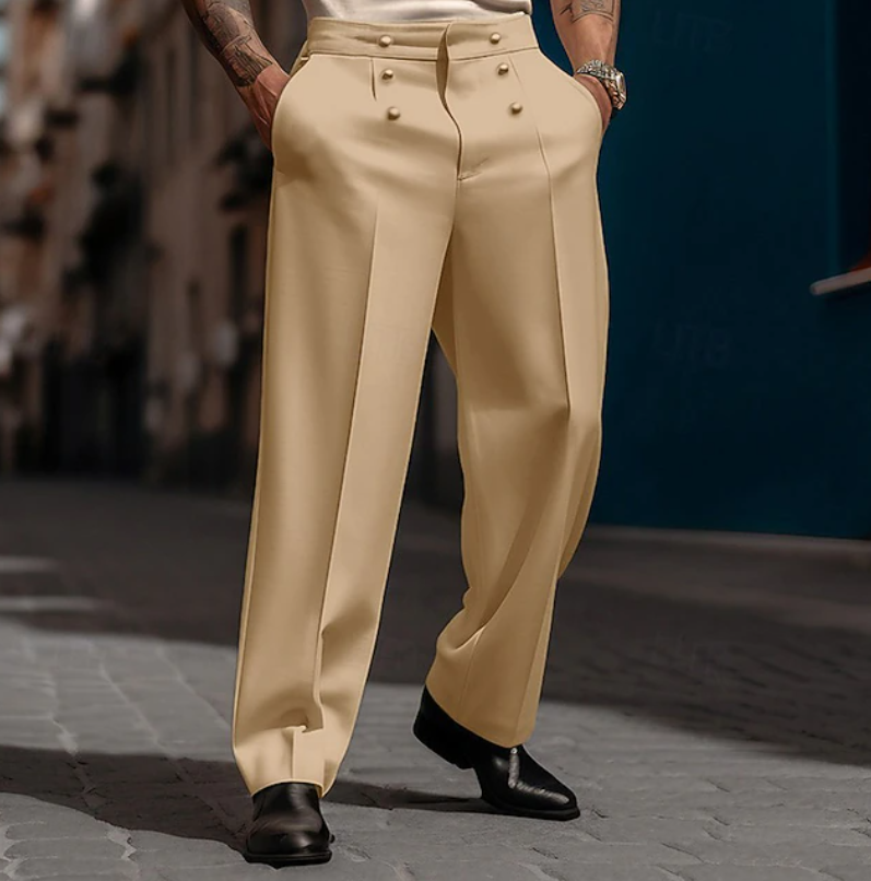 White men's tailored wide-leg trousers with a high waist, ideal for a smart casual or formal outfit.