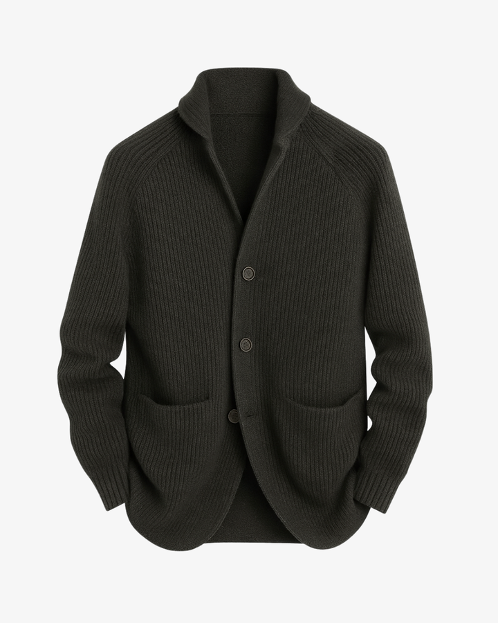 Men's tailored button-front cardigan. Classic and versatile for smart casual layering.