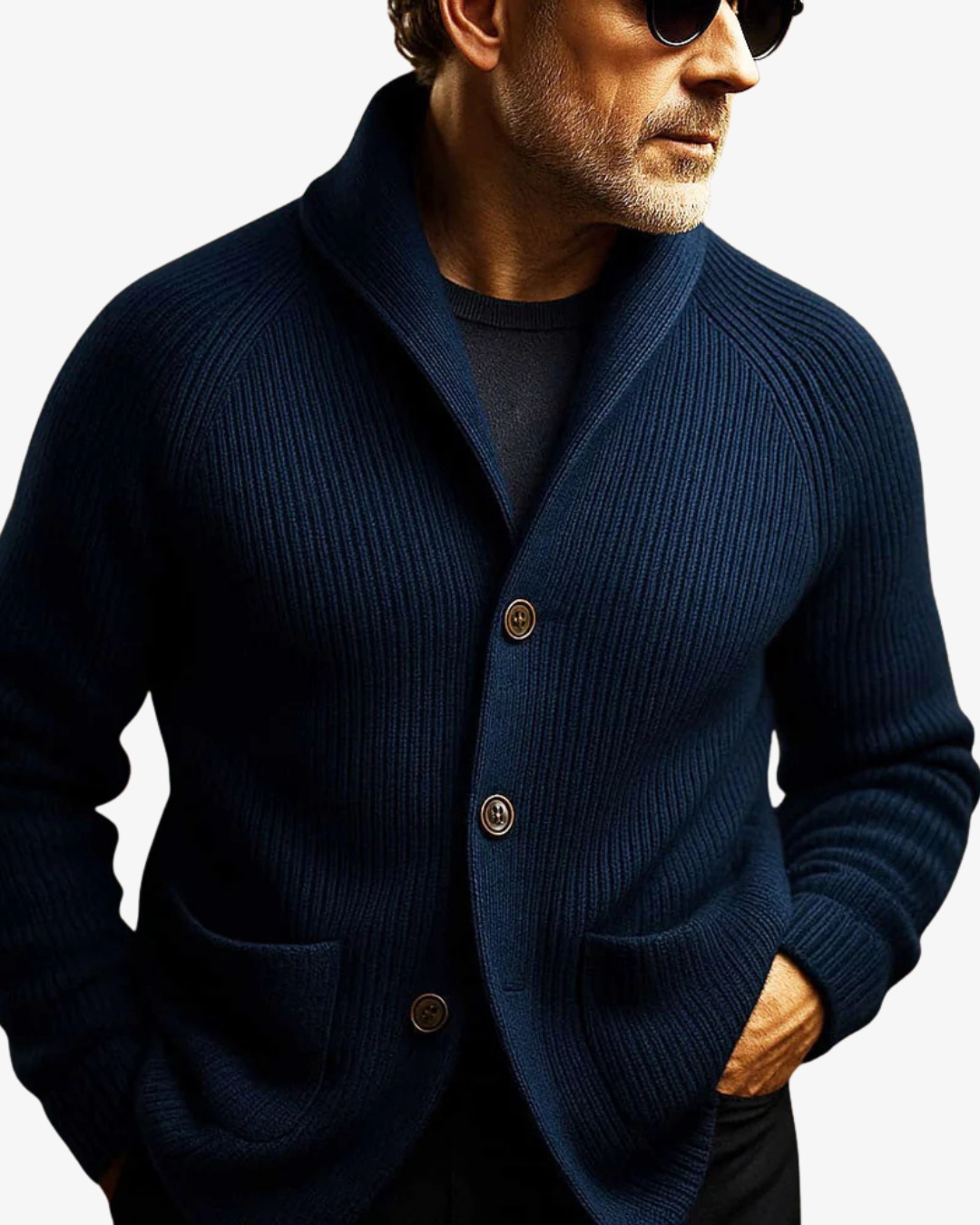 Refined men's tailored button-front cardigan. Perfect for smart casual and professional style.