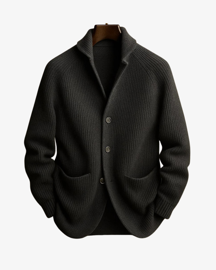 Elegant men's tailored button-front cardigan. Perfect for business casual outfits.