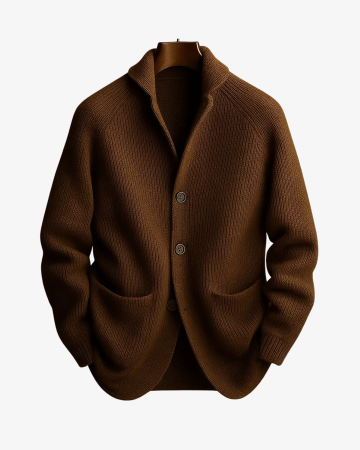 Versatile men's button-front cardigan, tailored for casual to smart layering.