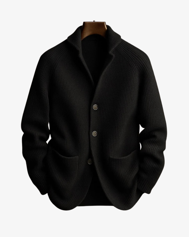 Smart men's tailored button-front cardigan. Ideal for layering and comfort.