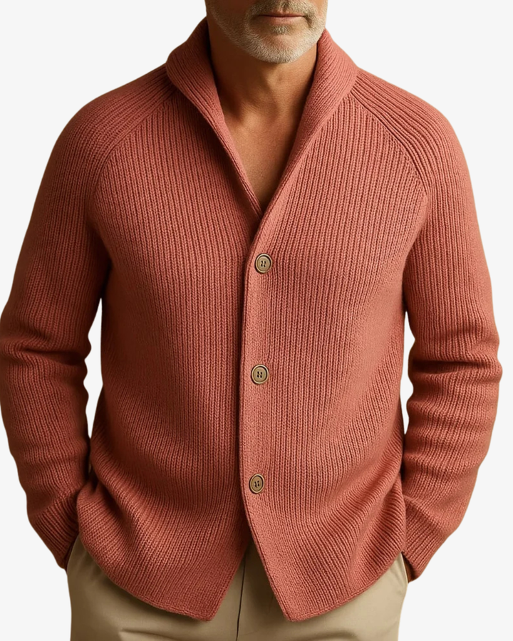 Modern classic men's tailored button-front cardigan for refined casual wear.