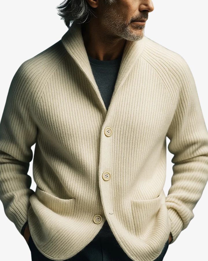 Tailored men's button-front cardigan. Versatile for smart casual and everyday looks.