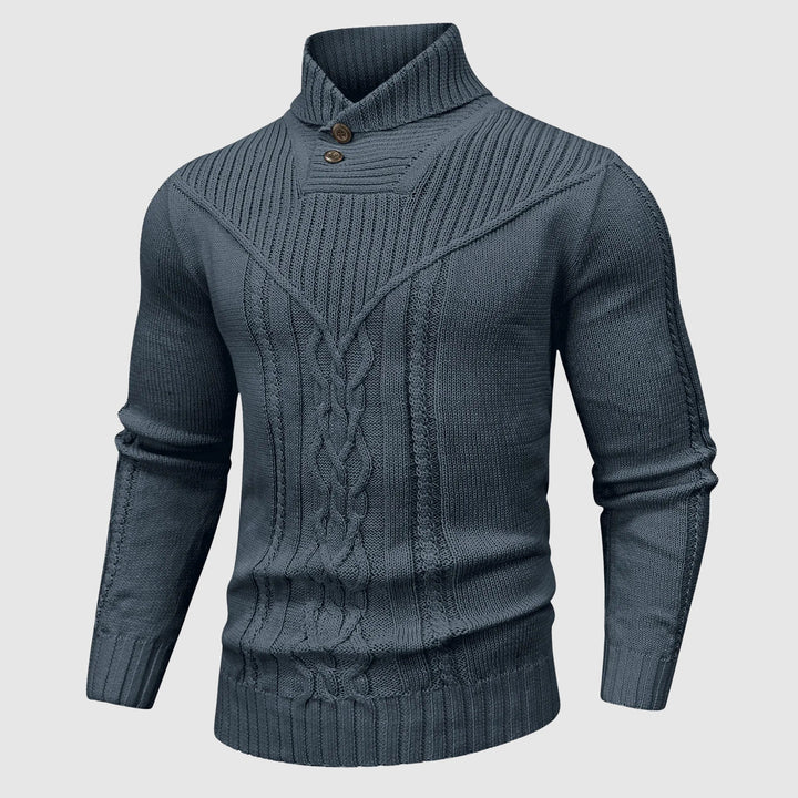 Men's tailored cable knit jumper with a stylish shawl collar and button-up front. Perfect for fall and winter comfort.