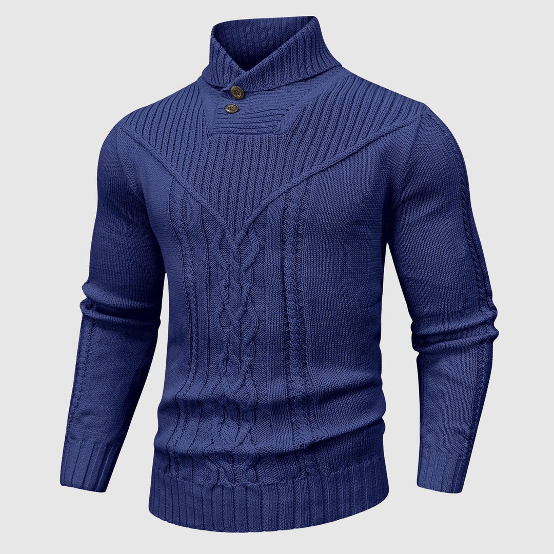 Cozy men's long sleeve cable knit sweater featuring a sophisticated shawl collar. Ideal for stylish casual winter outfits.