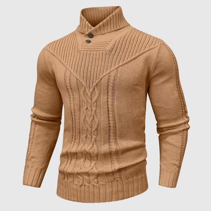 Classic men's cable knit jumper with a button-up shawl collar. A warm, stylish long-sleeve knitwear piece for men.