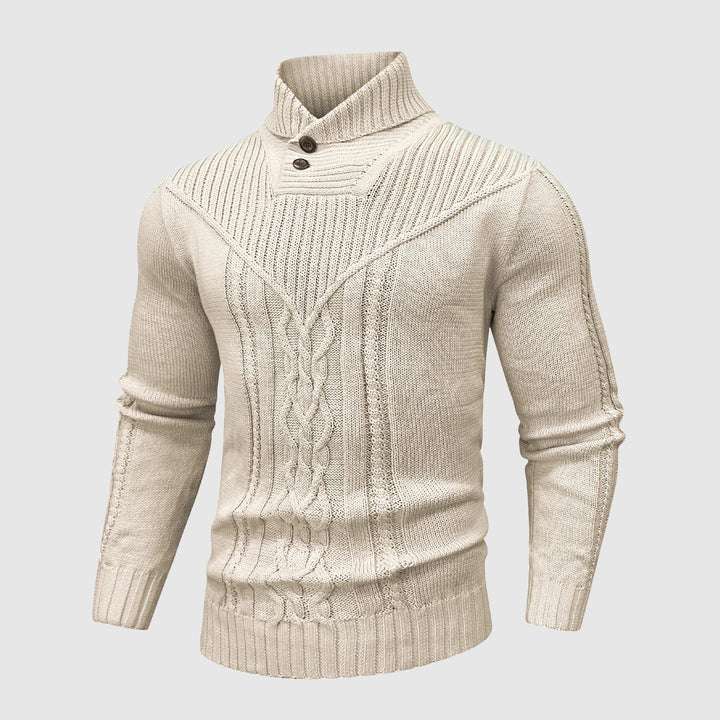 Stylish men's cable knit sweater for winter fashion. Features a cozy shawl collar, long sleeves, and a tailored fit.